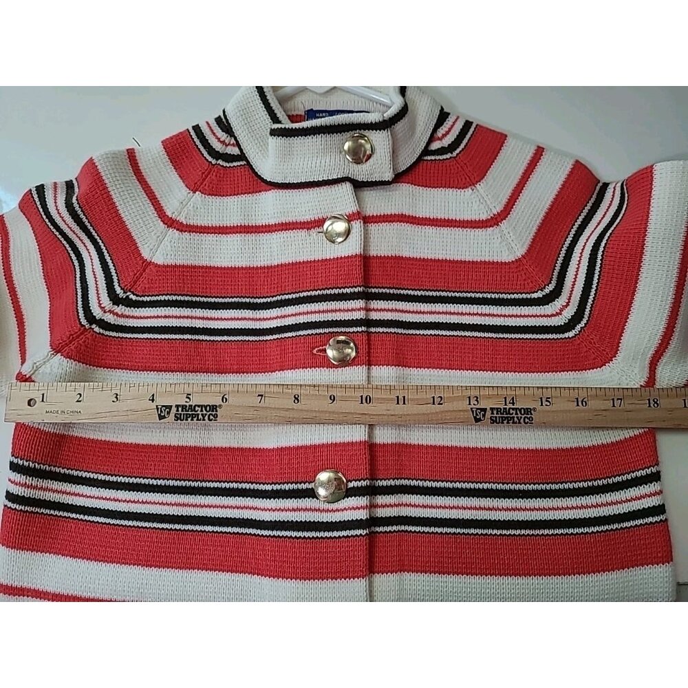 Vintage Full Fashioned Hand Loomed Womens Sweater S/M Coral White Black Stripe - Picture 9 of 14